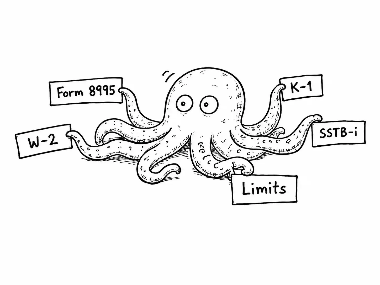 An octopus holding tax forms and limits.